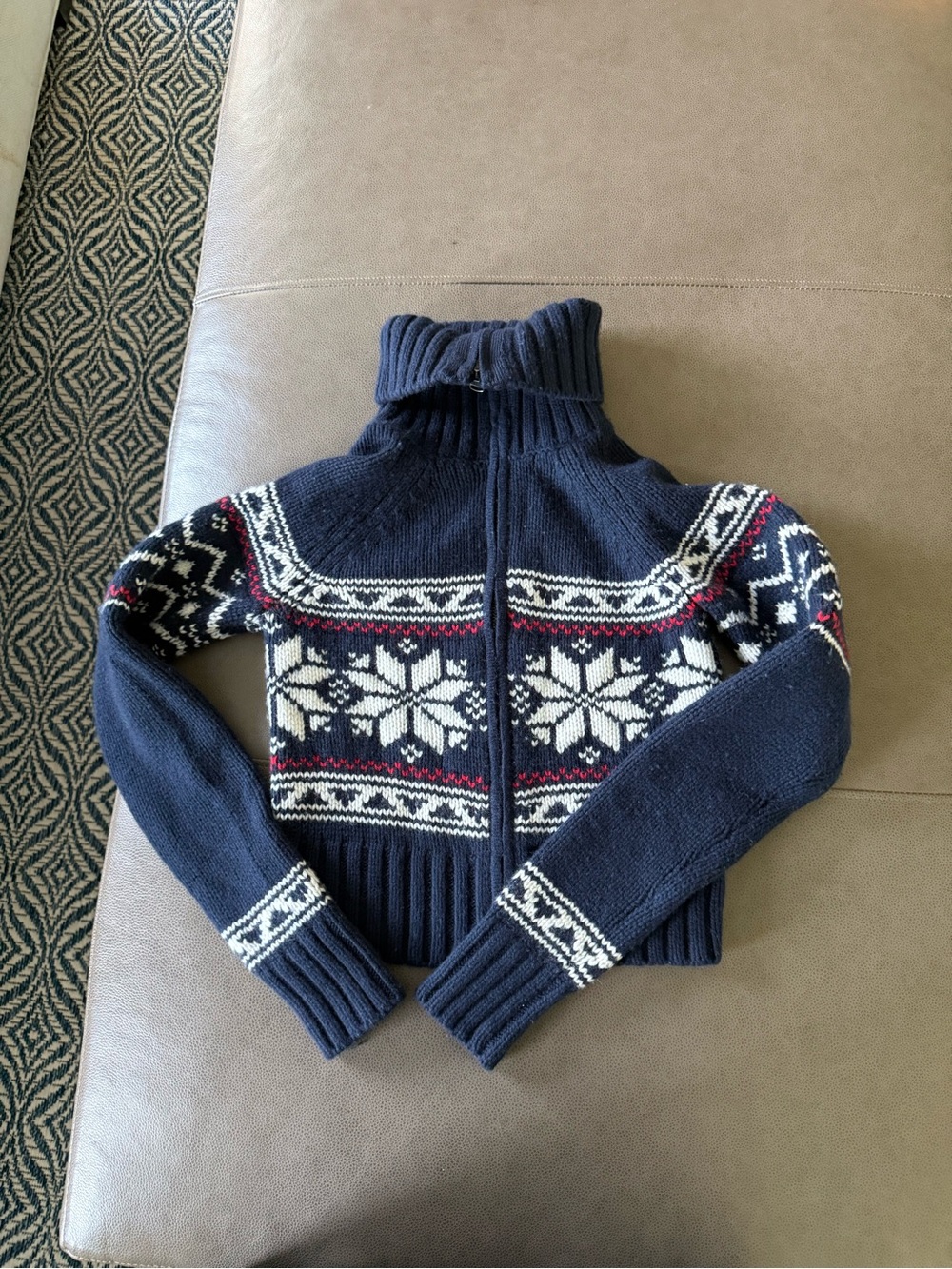 Aritzia Navy Fair Isle Zip-Front Turtleneck Sweater with Cream & Red Accents